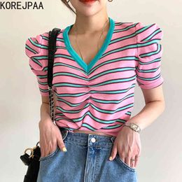 Women T-shirt Korea Chic Summer V-neck Contrast Stripe Drawstring Loose Wild Short Bubble Sleeve Sweater Tee Top 210514