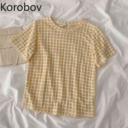 Korobov Summer New Women T Shirts Korean Sweet Plaid Female T Shirt Preppy Style O Neck Short Sleeve Tee Tops 210430