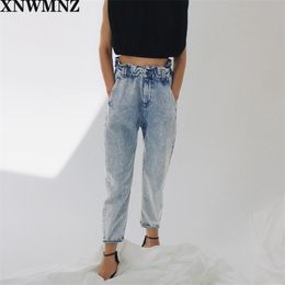 Women baggy paperbag High-waist jeans elastic waist front pockets Casual Chic light blue Female pants High quality 210520