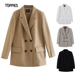 TOPPIES Womens Long Blazer Double Breasted Suit Jacket Loose Oversize Coat Solid Color Formal 211019