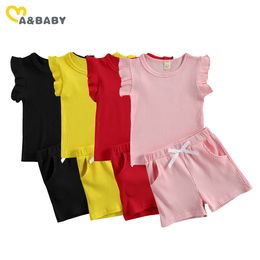 6M-4Y Summer Knitted Toddler Kid Baby Girls Clothes Set Ruffles T shirts Shorts Outfits Child Costumes 210515