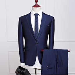 2019 New Dark Blue Suit Business Casual Suit Korean Version of the Slim Best Groom Married Suit X0909