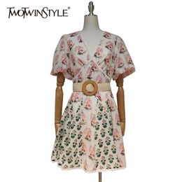 Print Floral Summer Dress For Women V Neck Lantern Sleeve High Waist Sashes Hit Color Dresses Female Fashion 210520