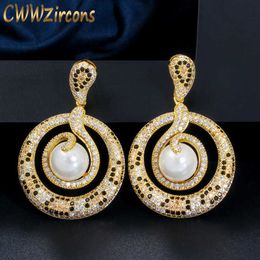 Snake Pattern 585 Yellow Gold Plated Luxury Cubic Zirconia Big Long Bridal Wedding Pearl Drop Earring for Women CZ633 210714