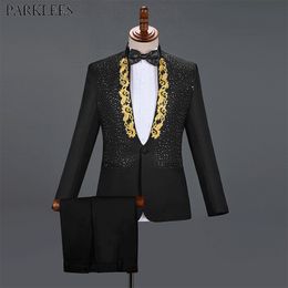 Stylish Sparkly Crystals Embroidery Suits Mens Stand Collar Slim Fit Black Men 3pcs Suits Wedding Groom Costume Homme Mariage 210522