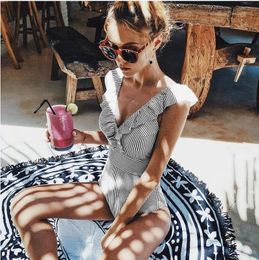 Women's Jumpsuits & Rompers Summer Women Casual Striped Swimsuit 2021 Ruffles V-Neck Backless Skinny One-piece