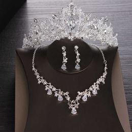Luxury Heart Crystal Bridal Jewelry Sets Wedding Cubic Zircon Crown Tiaras Earring Choker Necklace Set African Beads Jewelry Set H1022