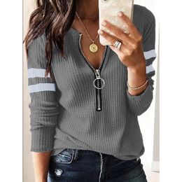 Women's V Neck Tshirts Long Sleeve Zipper Knit Loose Fitting Thermal Tunic Tops Femme T-shirts Women 2021 Mujer Camisetas