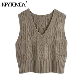 Women Fashion With Ribbed Trims Cable Knitted Vest Sweater V Neck Sleeveless Female Waistcoat Chic Tops 210420