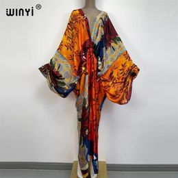 Sexy bech high-quality hand-rolled feel silk rayon fashion print WINYI Maxi women's robes long beach V-neck Bohemian dress 220225