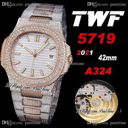 2021 TWF 5719 Cal A324 Automatic Mens Watch Two Tone Rose Gold Paved Diamonds Case Silver Dial Iced Out Diamond Bracelet Super Edition Jewelry Watches Puretime e05