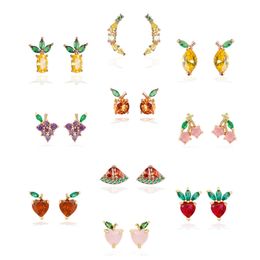 Copper Tropical Fruits Stud Earrings Creative Colorful CZ Unusual Earrings Bijoux Femme Cherry Strawberry earrings 2021 trend