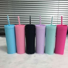 acrylic tumblers with lid and straw UK - Wholesale 16oz Acrylic Skinny Tumbler Candy Colors With Lid And Straw Double Wall Portable Water Bottle For Party Gift