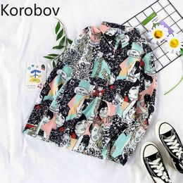 Korobov Vintage Korean Women Blouses Preppy Style Long Sleeve Autumn Harajuku Cartoon Shirts Streetwear Ulzzang Blusas Mujer 210430