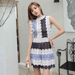 Runway Summer High Quality Brand Ladies Jumpsuit Hollow Out Embroidery Sexy Rompers Womens Sleeveless Lace 210514