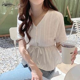 Summer Elegant V-Neck Tops Short Sleeve Chic French Slim Patchwork Blouse Women Cotton Shirt Clothes Blusa Mujer 14550 210521