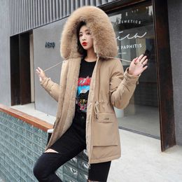 LY VAREY LIN Winter Cotton Coats Women Korean Style With Fur Collar Pockets Hooded Thicken Woollen Lining Parkas 210526