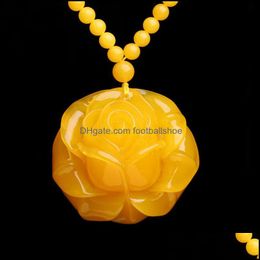 Necklaces & Pendants Hand-Carved Rose Flower Amber Pendant Chicken Butter Yellow Old Beeswax Long Sweater Chain Female Jewelry Charms Drop D