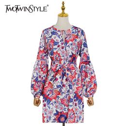 Vintage Print Spring Dress For Women O Neck Lantern Long Sleeve High Waist Hit Color Dresses Female Fashion 210520