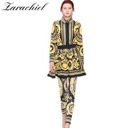 Luxus Gold Leopard Print Designer Runway Anzug Herbst Frauen Langarm Bluse Hemd Halb Rock Bleistift Hose 3 Stück Set 210416