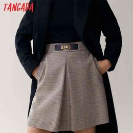 Tangada autumn winter women plaid pattern thick skirts belt decorate zipper female mini skirt 4C51 210629