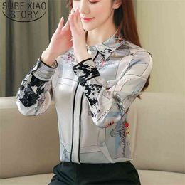 Spring Elegant Printing Long Sleeve Chiffon Blouse Satin Silk Turn-over Collar Women Shirt Tops Chemisier Femme 8193 210508