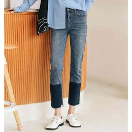 Cotton Denim Women Jeans Spring Contrasting Colour Stretch Pants Capri- Casual Ankle Length 662E 210420
