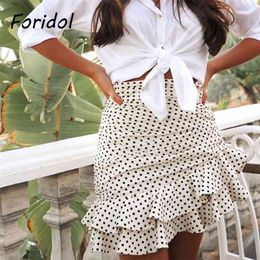 Polka Dot Ruched Mini Skirt Women White Ruffle Vintage Bodycon Chic High Waist Holiday Faldas 210427