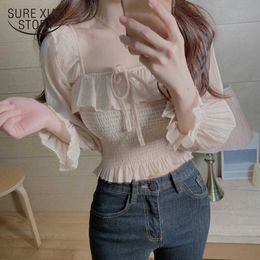 Vintage Square Collar Sweet Puff Sleeve Women Blouse Shirts Elegant Slim Waist Ruffles Female Blouse White Tops Blusas 10094 210527