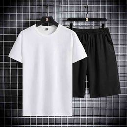 Solid Colour Men's Set Summer Men Tracksuit Jogging Sportswear T-Shirt+Shorts 2PCS Casual Short Sleeve Set Mens Clothing 210714