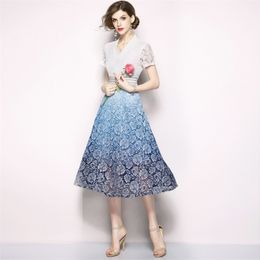 Summer Women Short Sleeve V-neck Hollow out Lace Dress Elegant Embroidery patchwork Blue Party Dress Ladies office Dress 210514