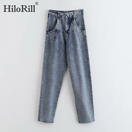 Women High Waist Blue Jeans Harajuku Pleated Long Mom Pants Ladies Casual Pockets Denim Trousers Streetwear 210508