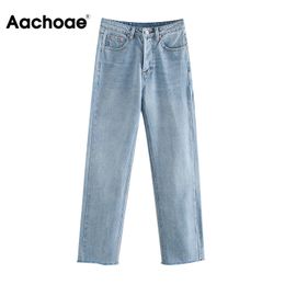 Aachoae Women Retro Light Blue Colour Long Jeans Raw Edge Baggy Denim Pants Lady Button Fly Straight Casual Mom Jeans Pantalones 210413