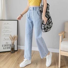 Denim wide-leg Jeans female students Korean style pants high-waisted loose and thin wild straight elastic waist denim trousers 210526