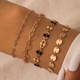 4pcs/sets Bohemian Wafer Gold Colour Bracelets for Women Charming Hollow Geometric Adjustable Jewellery Accessories