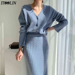 ITOOLIN Women Knitted Sweater Skirt Two Piece Sets Elegant Sexy Knit Tops Female Sweater Skirts Suits Office Lady Outfit 211119