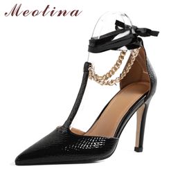 Meotina Ankle Strap Women Sandals Real Leather Super High Heel Shoes Pointed Toe Chain T-Strap Footwear Thin Heels Party Shoes 210520