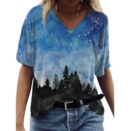 Oversize Women T Shirt Summer Casual Landscape Print Streetwear V-Neck Short Sleeve Pockets Loose Tee Tops Plus Size Ladies Tees 210526