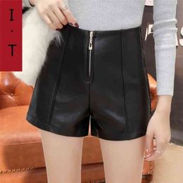 Autumn and winter fashion high-waist leather loose wide-leg outer wear base women Solid Casual 210416