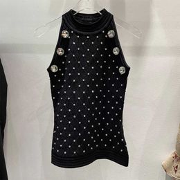 DEAT Spring Women Arrival Fashion Round Neck Sleeveless Beading Decoration Argyle Pattern Pullover Sweater Vest RD858 210709