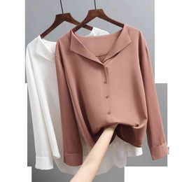 Blusas Mujer Long Sleeve Women's Chiffon Blouse 19 OL Casual Solid Cardigan Soft Button Turn-down Collar Women Shirt 5134 50 210417