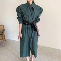 Women Chic Sashes Dress Lace Up Stand Collar Puff Sleeve Dresses Autumn Solid Colour Single Breasted Femme Bandage Vestidos PL407 210506