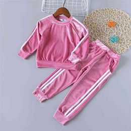 Clothes Girl Autumn Winter Warm Long Sleeve Gold Velvet Top+Pants 2Pcs Kids Clothing Sports Wear Children 210528