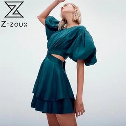 Women Dress Lantern Sleeve Bandage Vintage Sexy Dresses Irregular Hollow Out Summer Short Fashion 210513