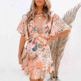 Hollow Out Ruffled Summer Dress Women A-line Floral Print Mini Sundress Backless Party Beach Boho Style Dresses Female 210427
