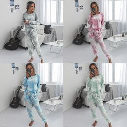 Women Pijama Conjunto Mujer Femme T-shirts Two Piece Pants Set Ropa Mujer Tie Dye 2 Piece Sets Womens Summer Outfit Ropa Europea X0428