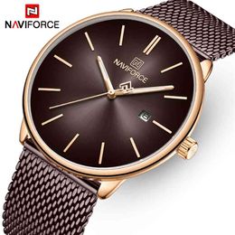 NAVIFORCE Luxury Brand Mens Watch Ultra Thin Quartz Watches for Men Steel Mesh Waterproof Date Male Clock Sport Wristwatches 210517