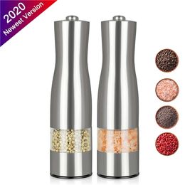 Electric Pepper Mill Stainless Steel Salt and Grinder Adjustable Ceramic with LED Light Kitchen Automatic Spice 210712