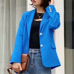 Casual Single Breasted Women Jackets Notched Collar Autumn Blazer Jacket Female Outerwear Elegant Ladies Blue Coat 210430