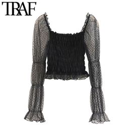 TRAF Women Sexy Fashion Smocked Elastic Ruffled Cropped Blouses Vintage See Through Long Sleeve Female Shirts Chic Tops 210415